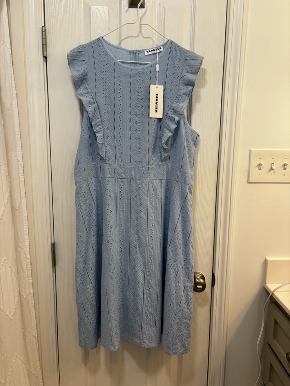 Light Blue Eyelet Ruffle Midi Dress, XL, Lined Skirt
